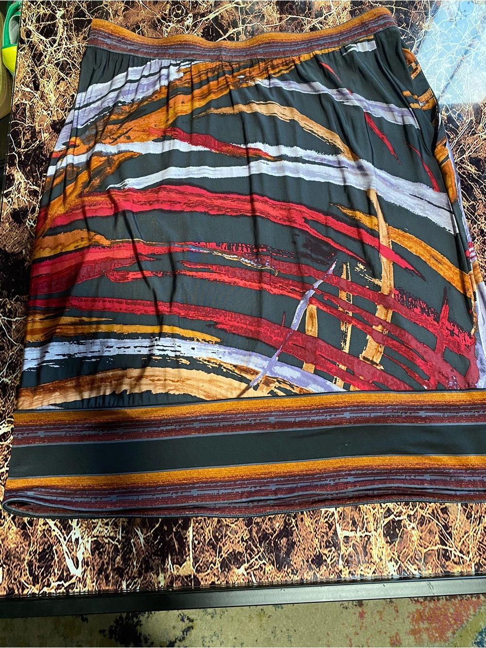 BCBGMaxAzria Black Mini Skirt with Red, Gold & Purple Brushstroke Print